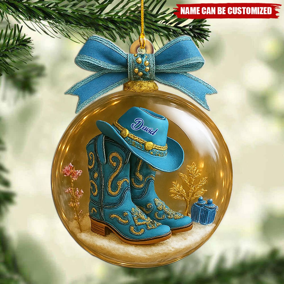 Personalized Blue Boot Cowboy Cowgirl Horseback Riding Christmas Ornament