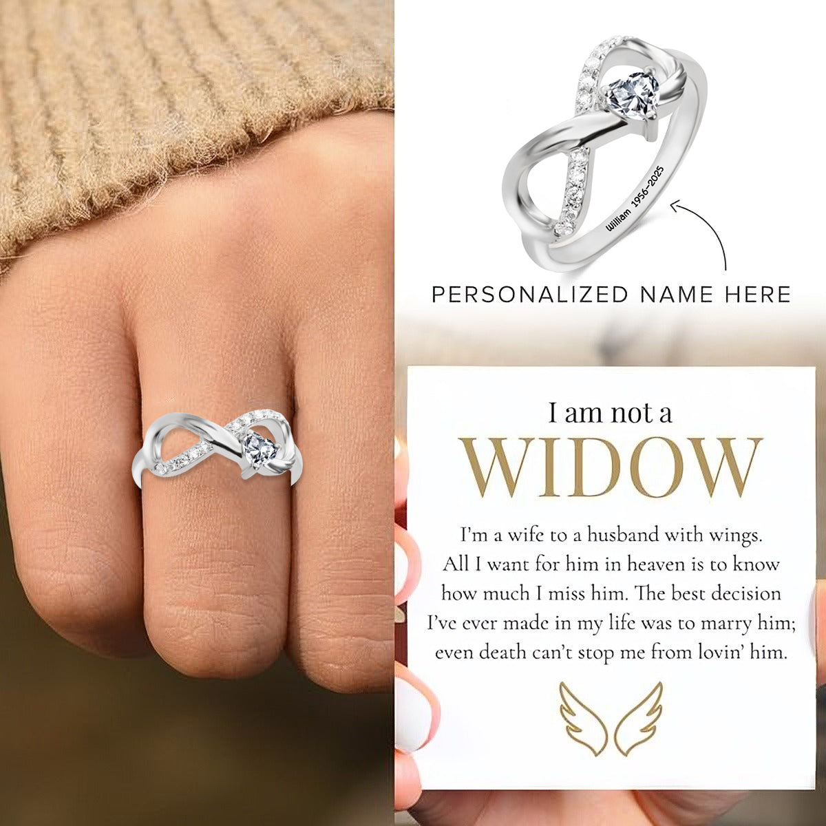 Personalized Angel Wing Infinity Ring with Heart Birthstone and Engraved Text Birthday Anniversary Gift for Her