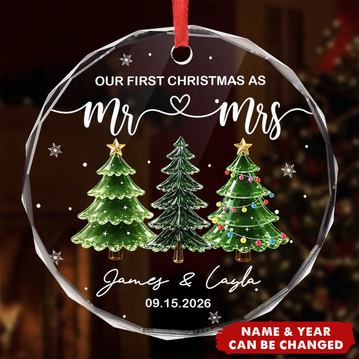 Personalized Circle Glass Ornament, Custom First Christmas Wedding Anniversary Gift For Couple