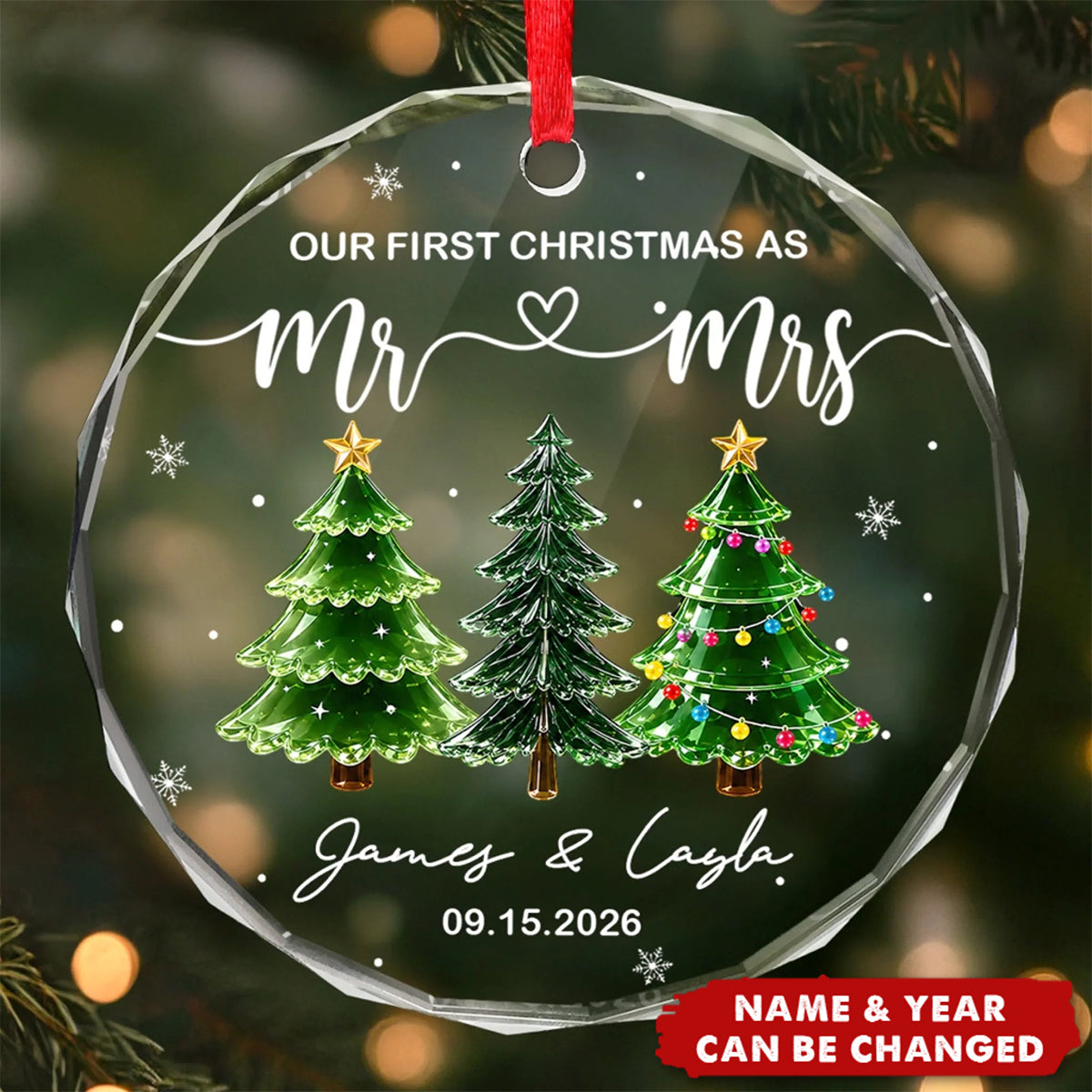Personalized Circle Glass Ornament, Custom First Christmas Wedding Anniversary Gift For Couple