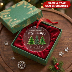 Personalized Circle Glass Ornament, Custom First Christmas Wedding Anniversary Gift For Couple