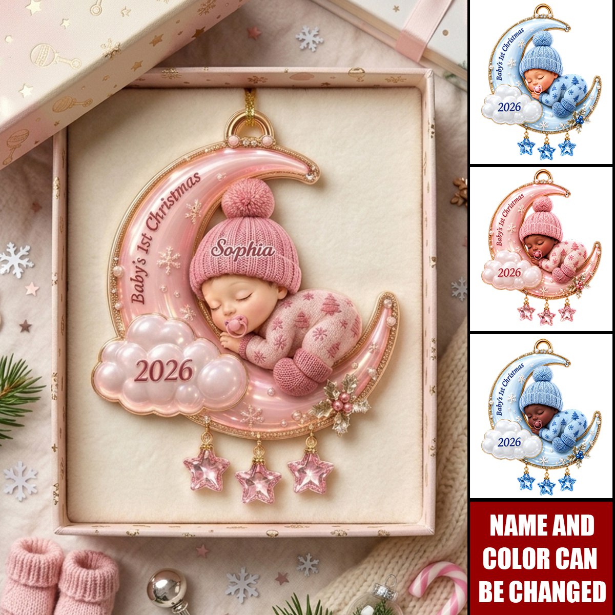 Personalized Sleeping Baby Crescent Moon Acrylic Ornament - Gift For New Parents, Baby Shower, Baby First Christmas