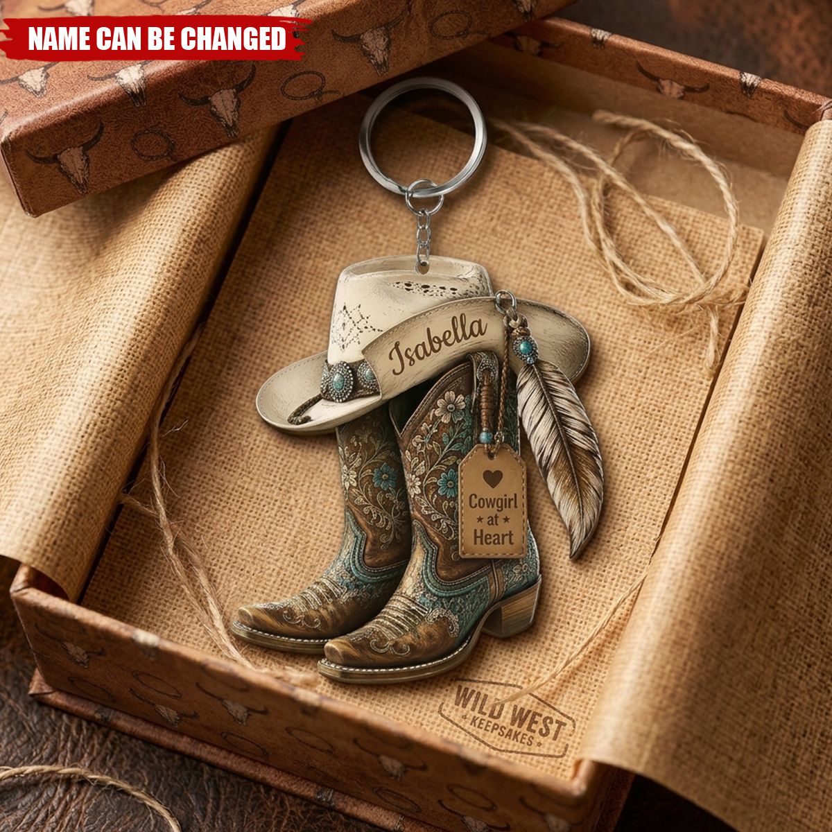 Personalized Cowgirl Boots Acrylic Keychain, Custom Western Hat Keychain, Cowgirl Heart Keyring, Cowboy Keepsake Gift