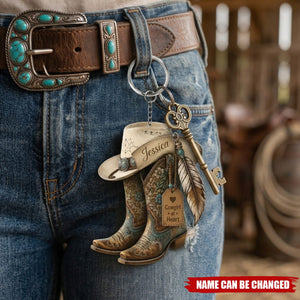 Personalized Cowgirl Boots Acrylic Keychain, Custom Western Hat Keychain, Cowgirl Heart Keyring, Cowboy Keepsake Gift