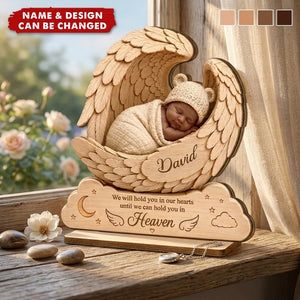 Personalized 2-Layer Wooden Plaque, Sleeping Baby in Angel Wings, Unique Infant Loss Memorial Gift for Parents