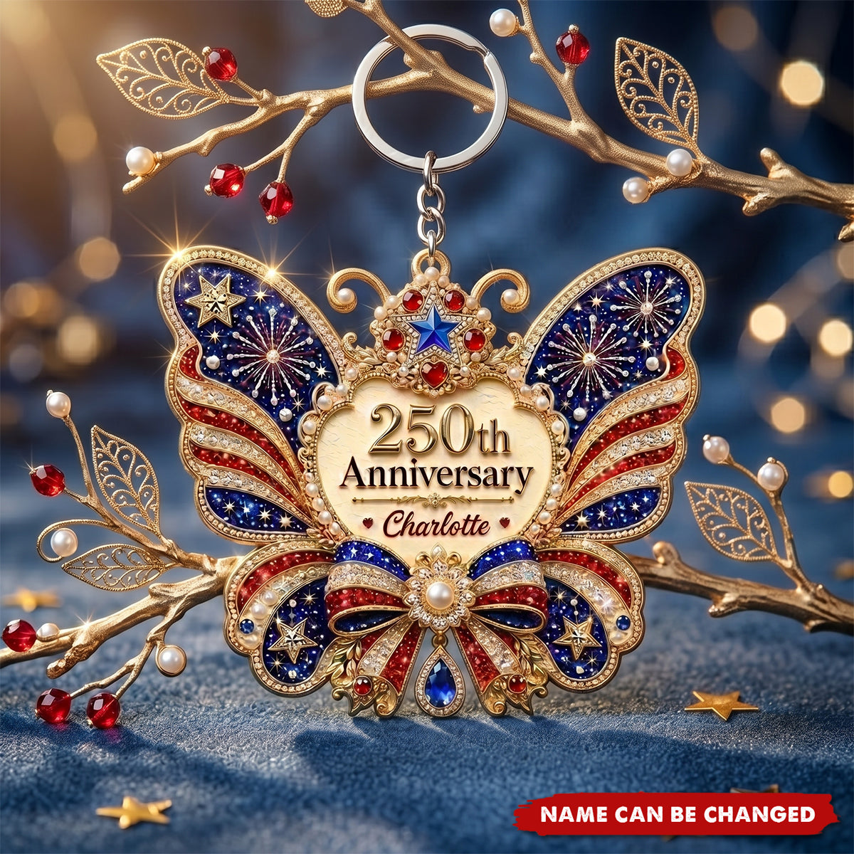 Personalized USA 250th Anniversary Butterfly Acrylic Keychain, Custom Name Patriotic Keyring