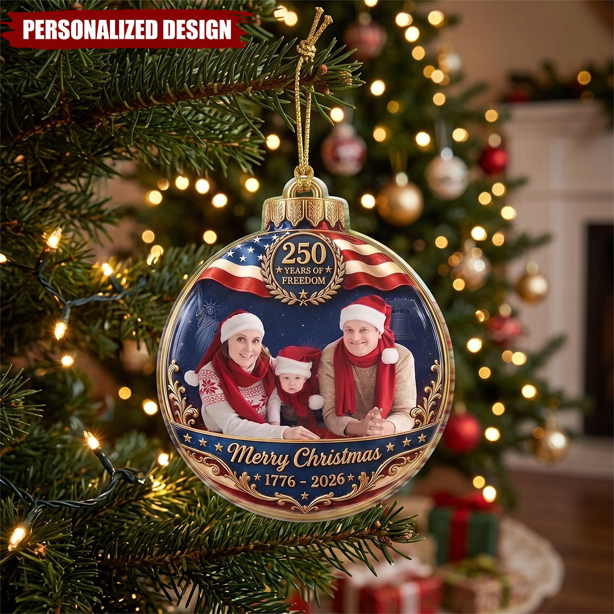 Custom Photo Family Merry Christmas 250 Years Of Freedom - Personalized Custom Shaped Acrylic Ornament