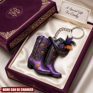 Personalized Halloween Cowboy Boots Acrylic Keychain, Western Keyring, Spooky Cowgirl Gift, Halloween Boot Keychain