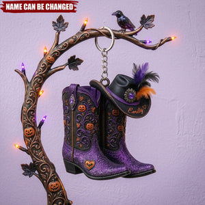 Personalized Halloween Cowboy Boots Acrylic Keychain, Western Keyring, Spooky Cowgirl Gift, Halloween Boot Keychain