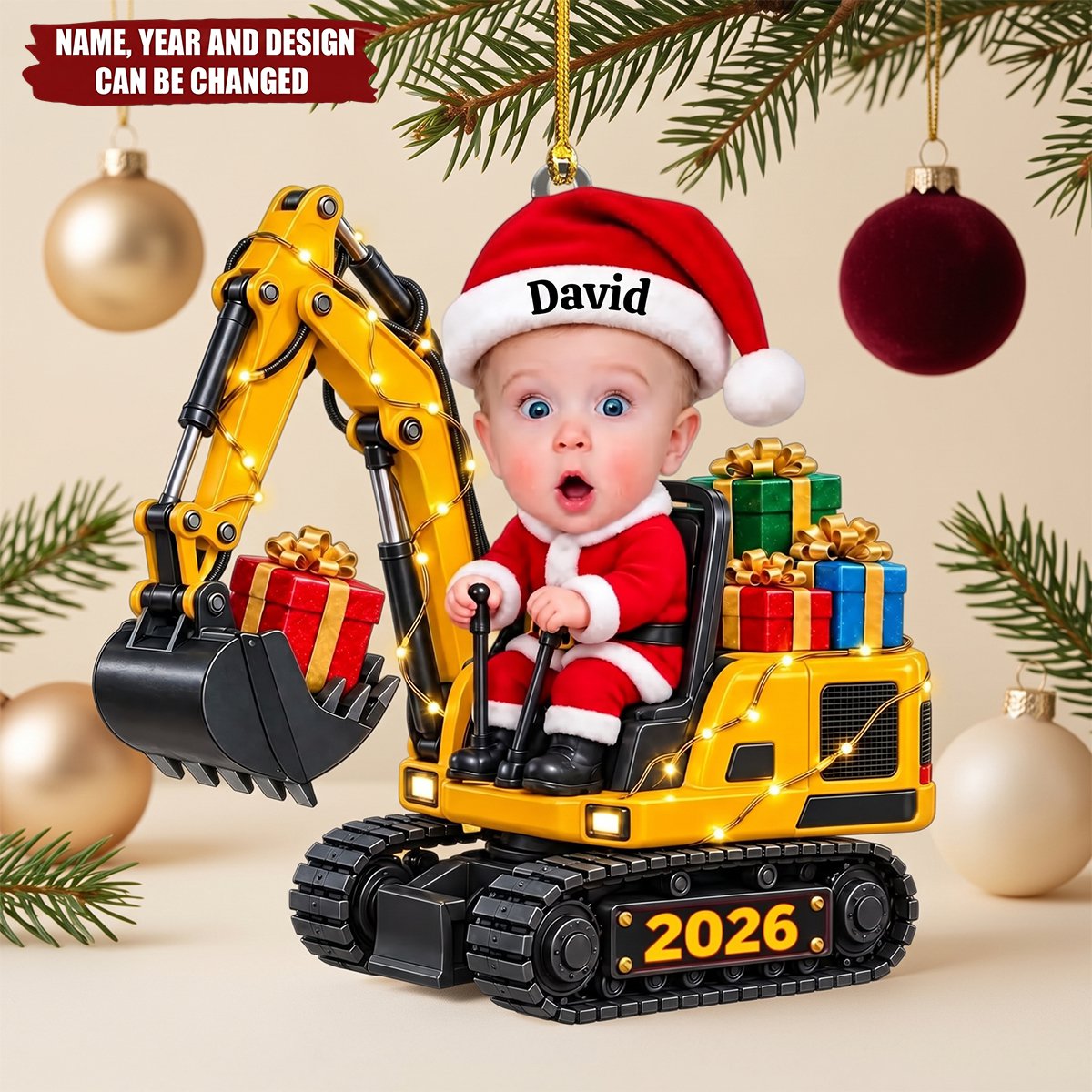 Personalized Excavator Christmas Acrylic Ornament, Custom Kid Photo Ornament