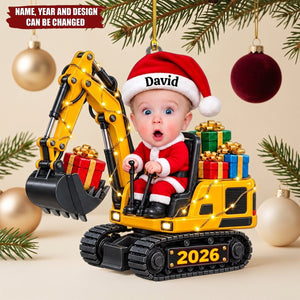 Personalized Excavator Christmas Acrylic Ornament, Custom Kid Photo Ornament