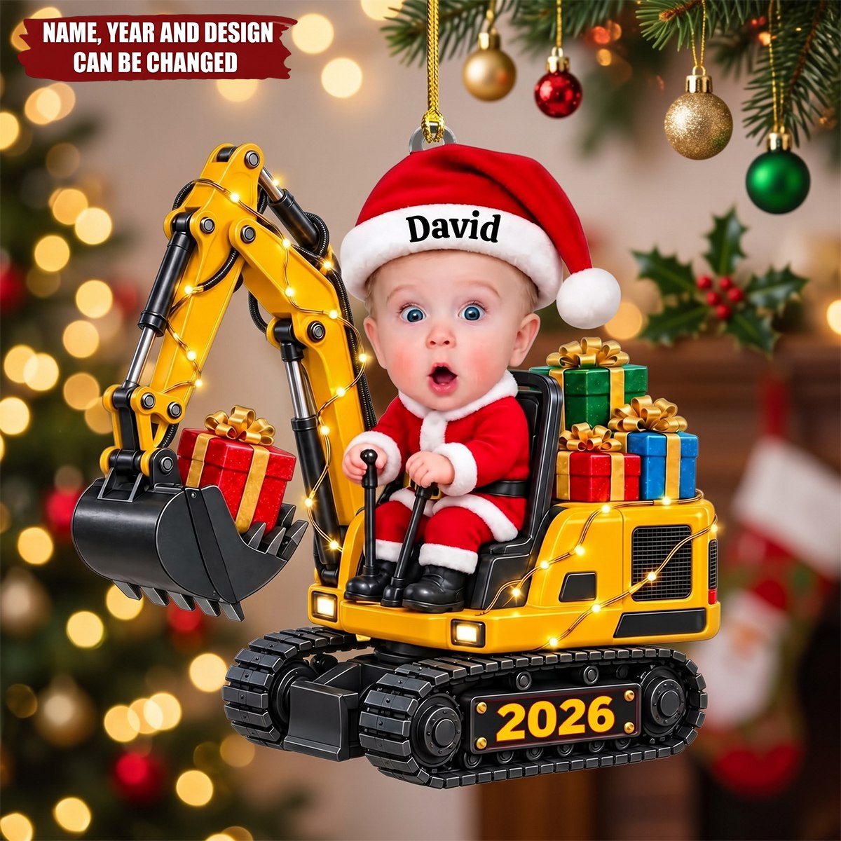 Personalized Excavator Christmas Acrylic Ornament, Custom Kid Photo Ornament