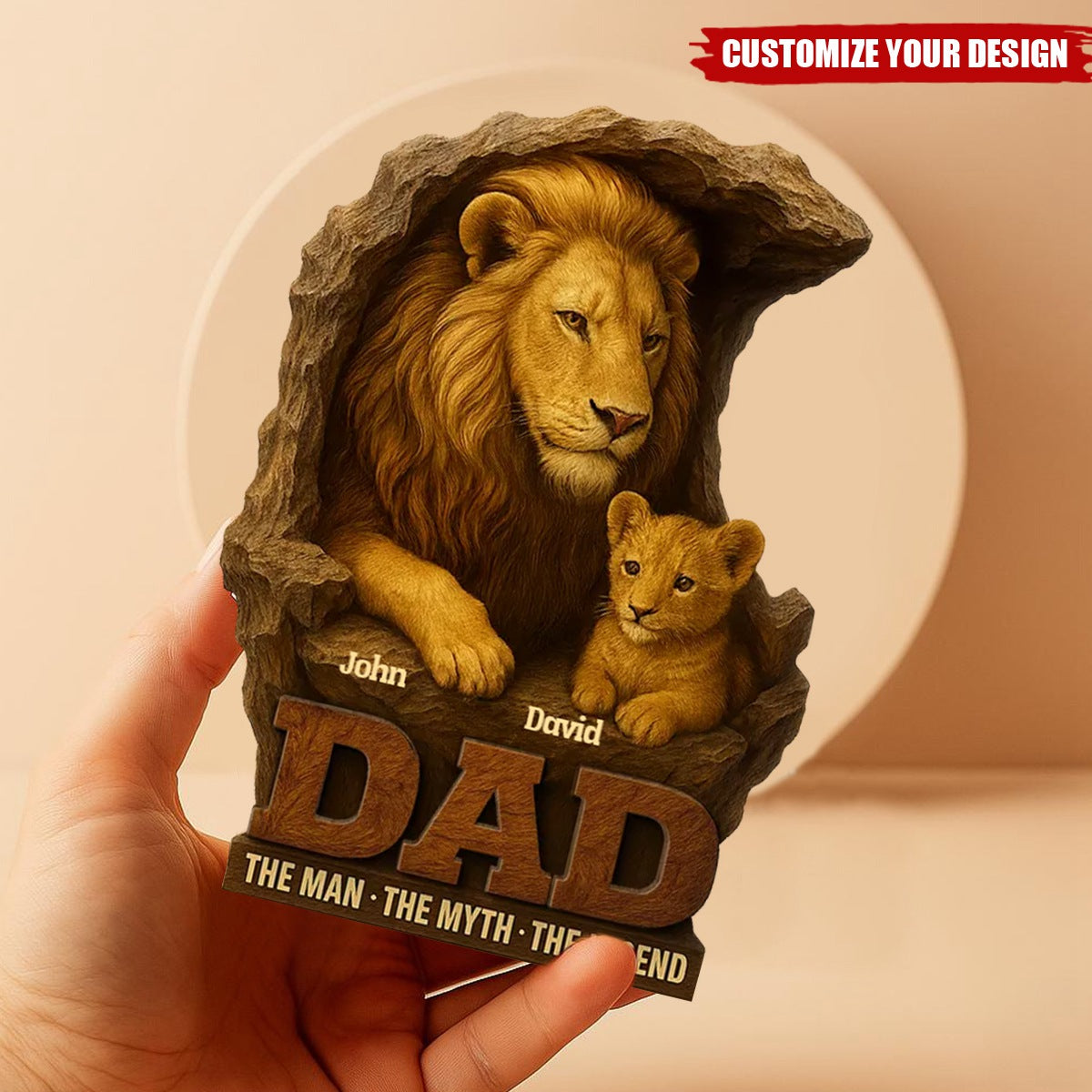 Lion Dad And Kids Personalized 2-Layered Standing Wooden Plaque