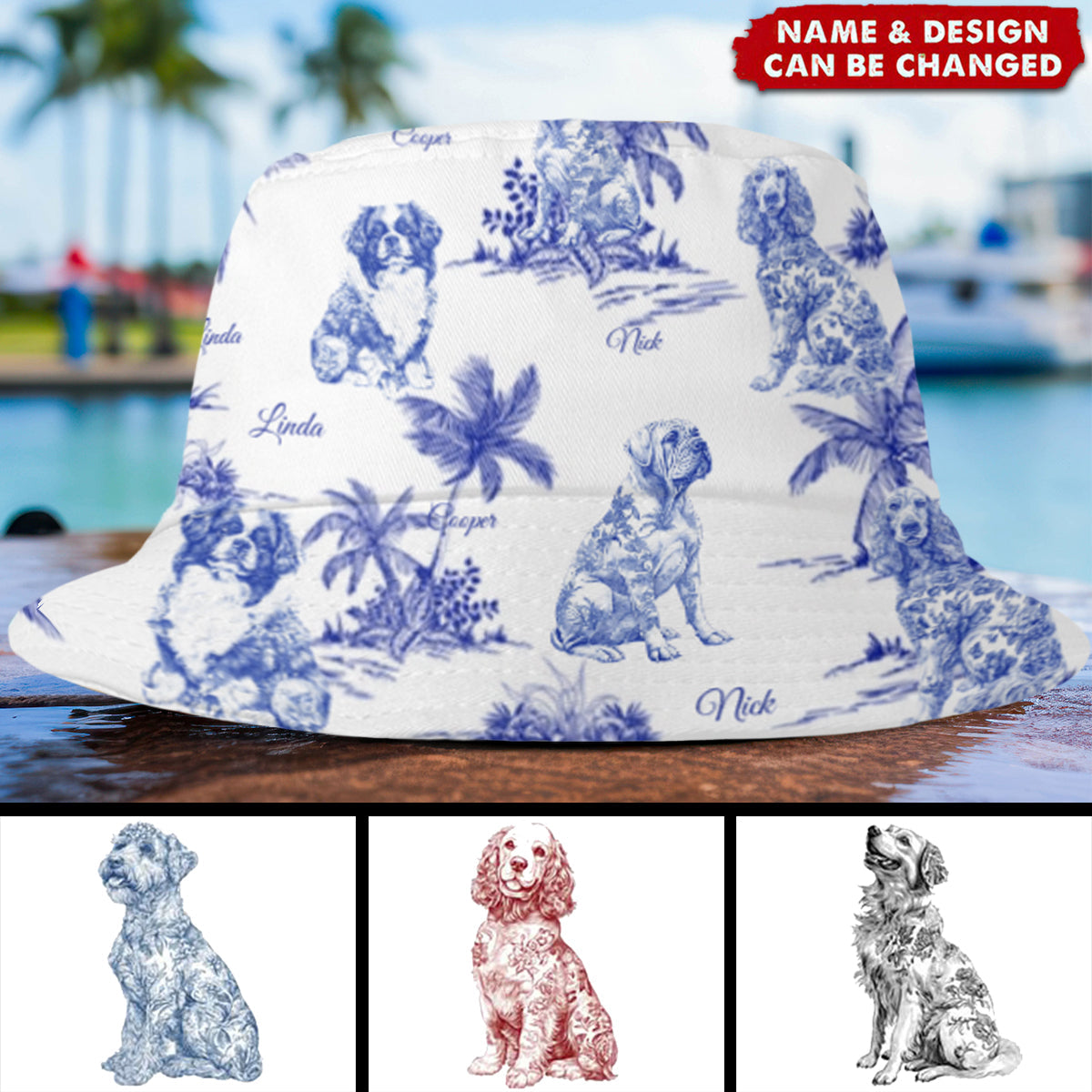 Dog Lovers Toile De Jouy Style Custom Dog Breeds Personalized Bucket Hat