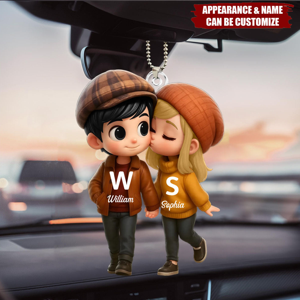 Fall Season Cute Cartoon Couple Walking Personalized Car Ornament