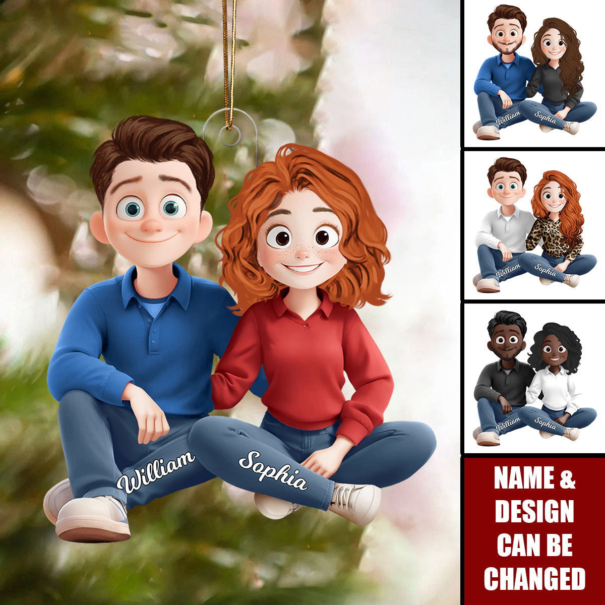 New Version Cartoon Couple Sitting - Personalized Acrylic Ornament