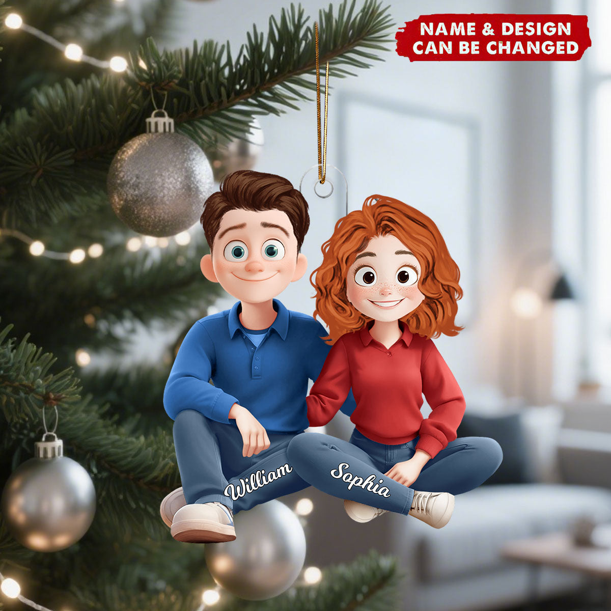 New Version Cartoon Couple Sitting - Personalized Acrylic Ornament