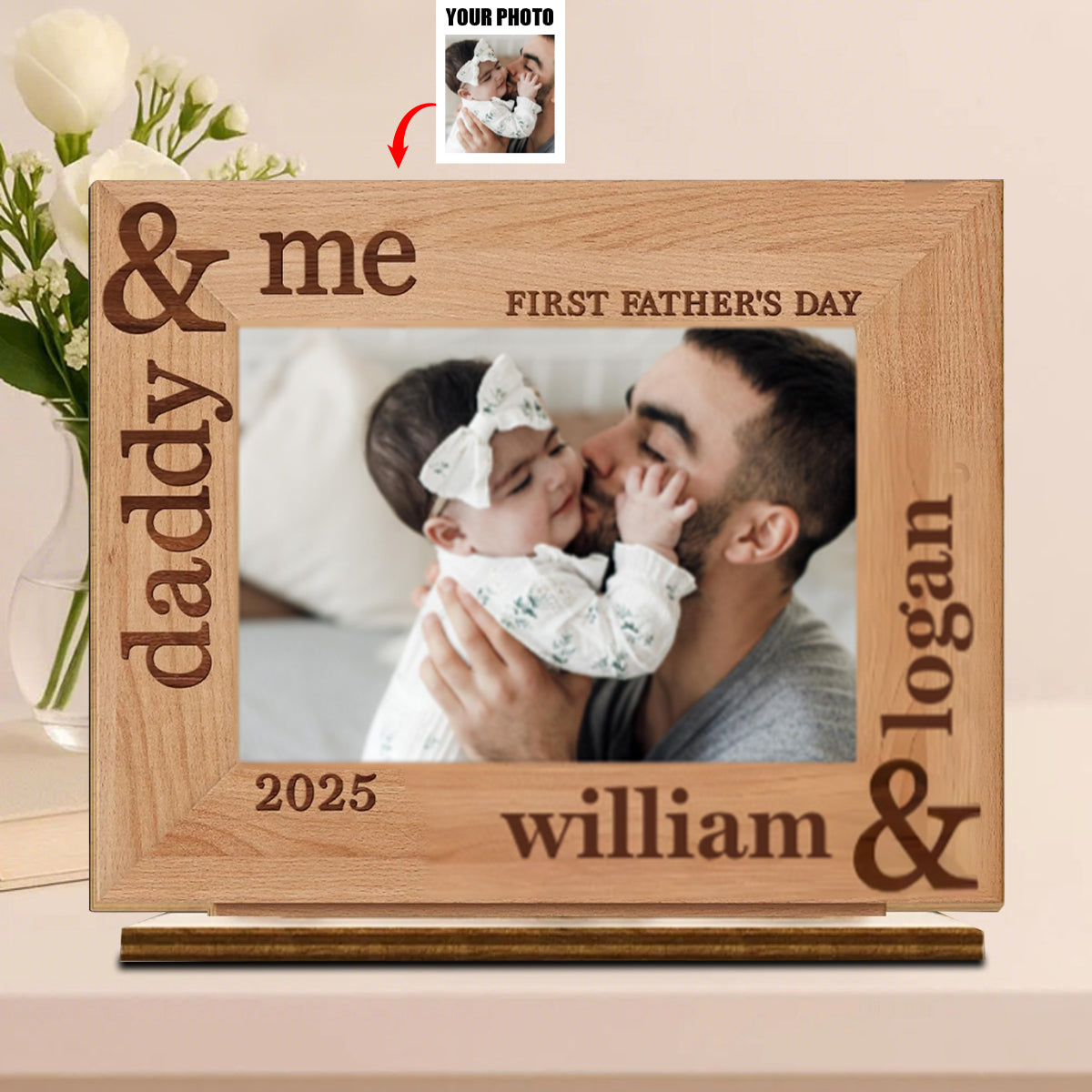 Custom Photo Our First Fathers Day Together - Family Personalized 2-Layered Wooden Plaque