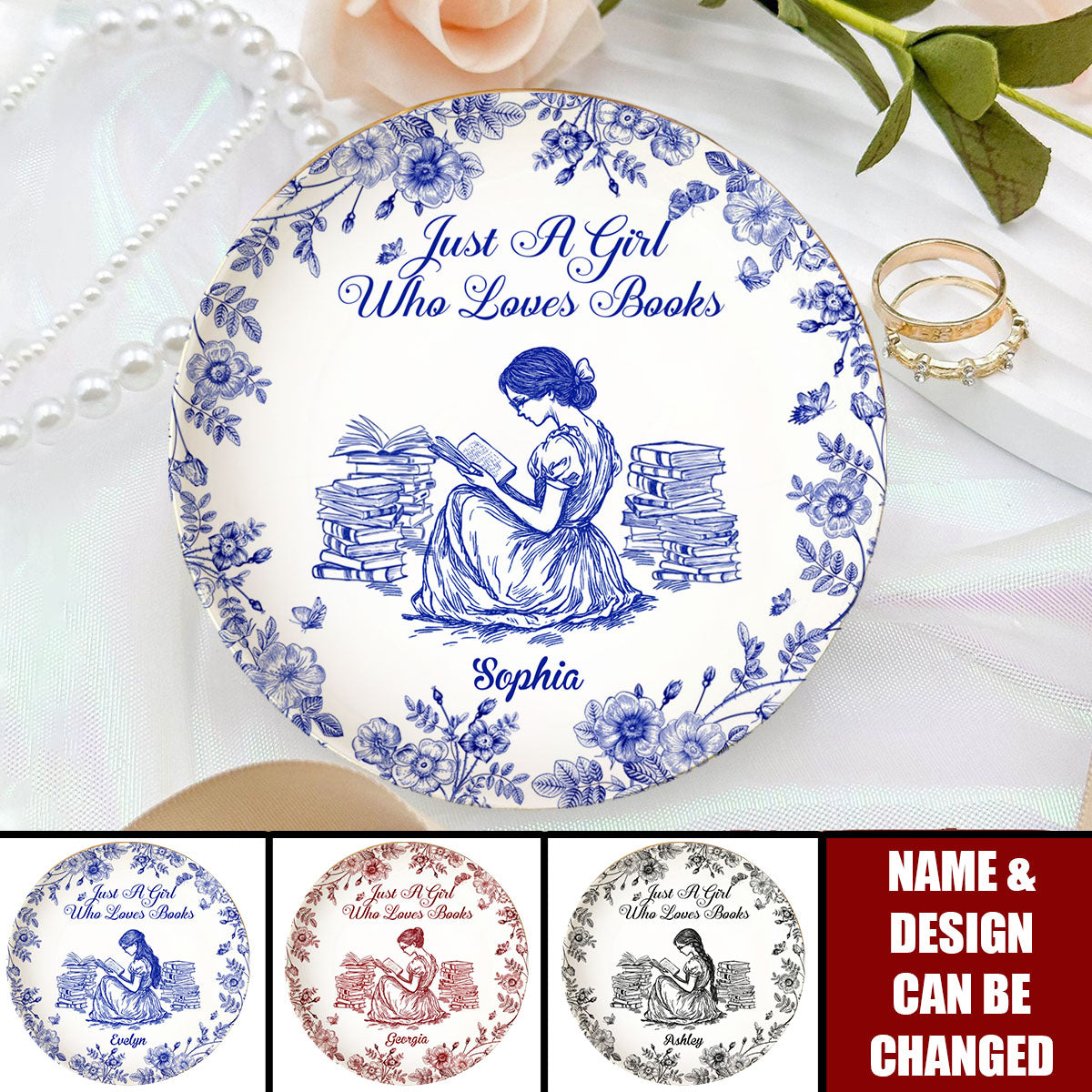 A Girl Who Loves Books Chinoiserie Toile De Jouy - Personalized Jewelry Dish