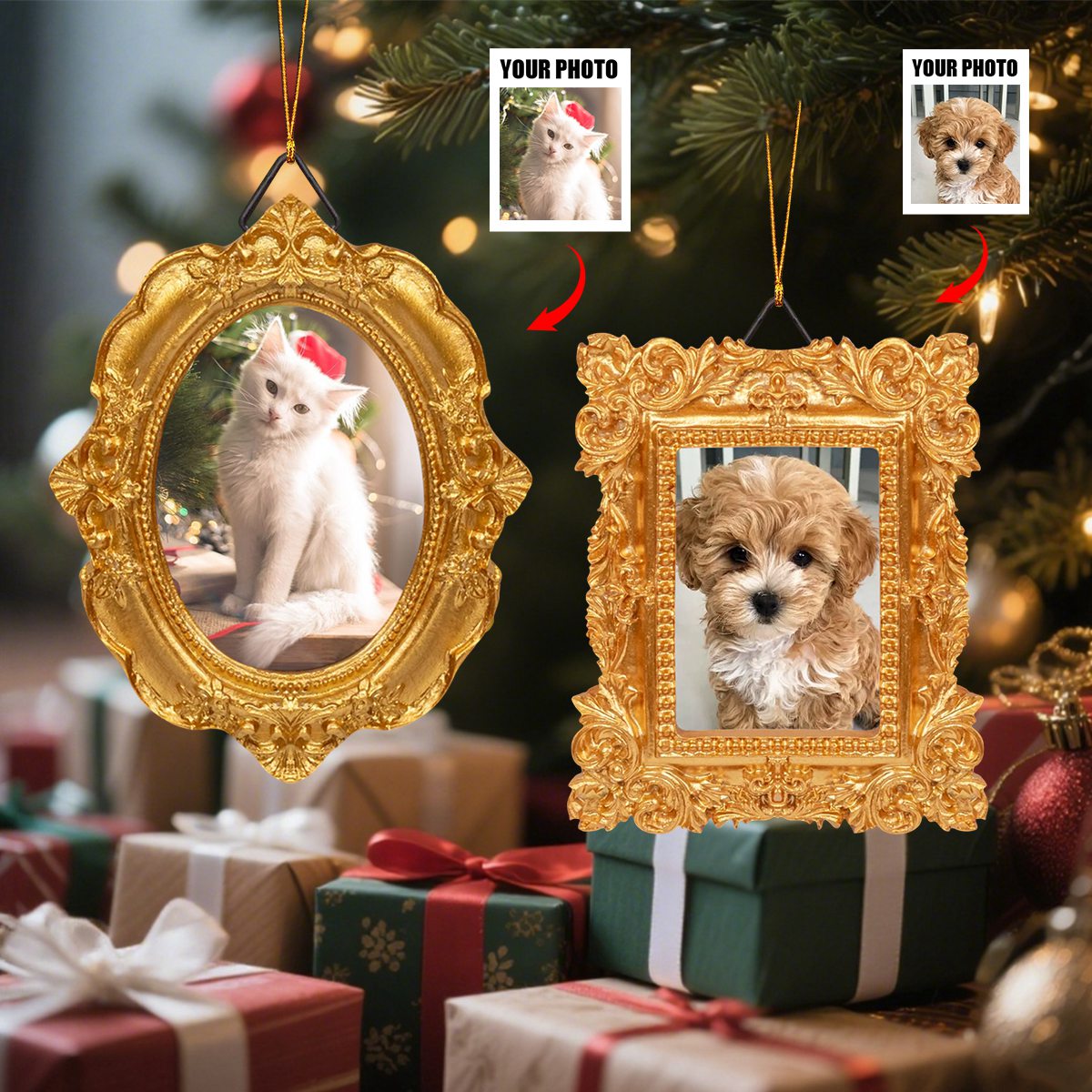 Dog & Cat Memorial Photo Ornament - Personalized Vintage Picture Frame Ornament