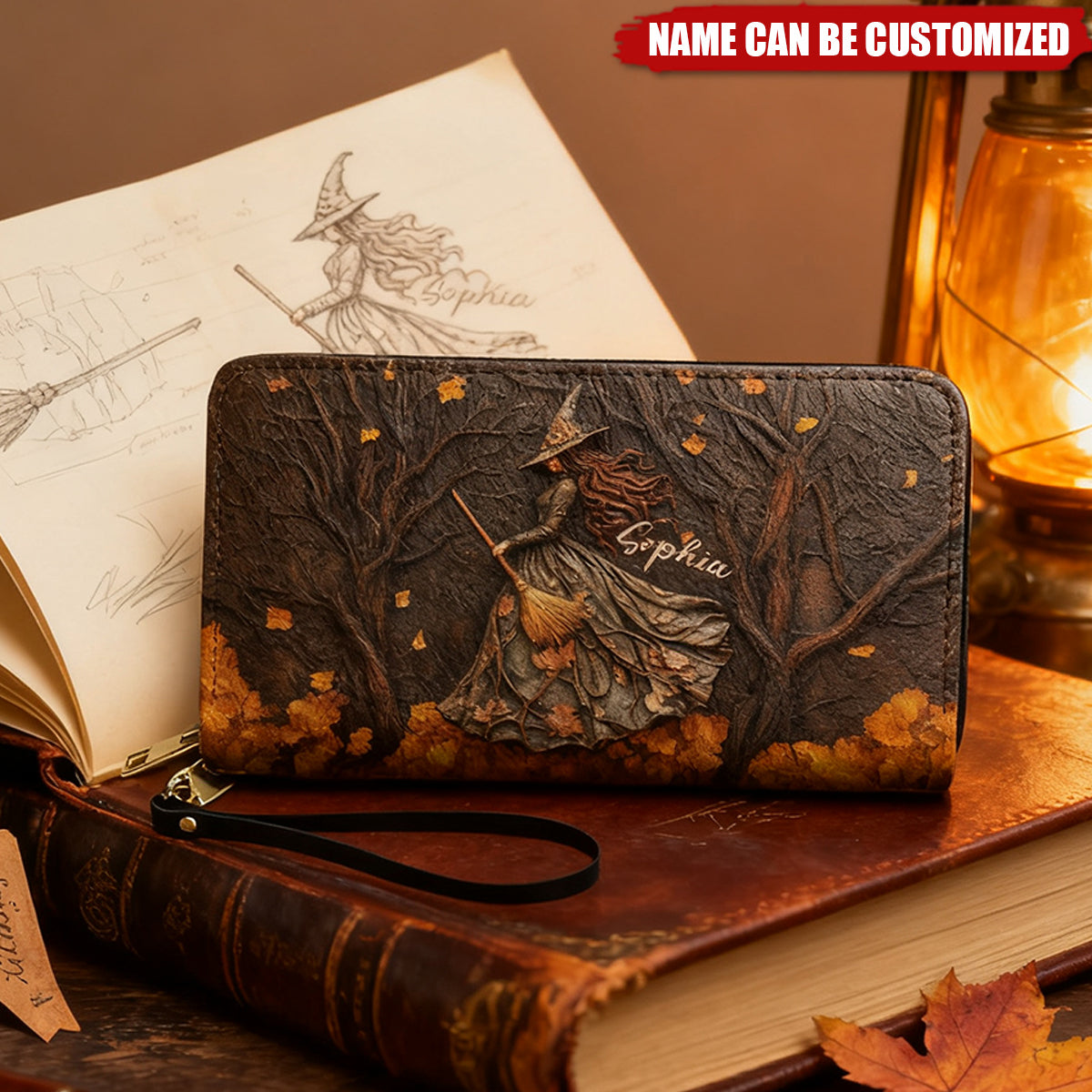 Spooky Witch Art Print - Personalized Leather Long Wallet