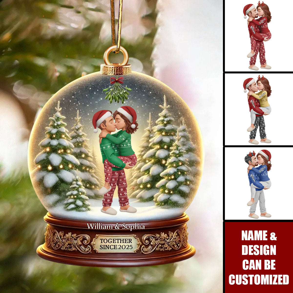 Couple Kissing Under Mistletoe 3D Realistic Snow Globe - Personalized Acrylic Ornament
