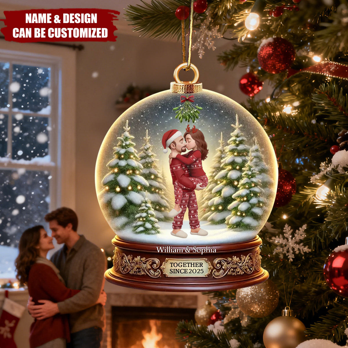 Couple Kissing Under Mistletoe 3D Realistic Snow Globe - Personalized Acrylic Ornament