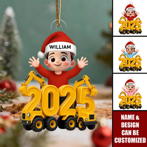 3D Effect Happy Kid With Excavator Numbers - Personalized Acrylic Ornament, Christmas Gift For Kids, Grandkids