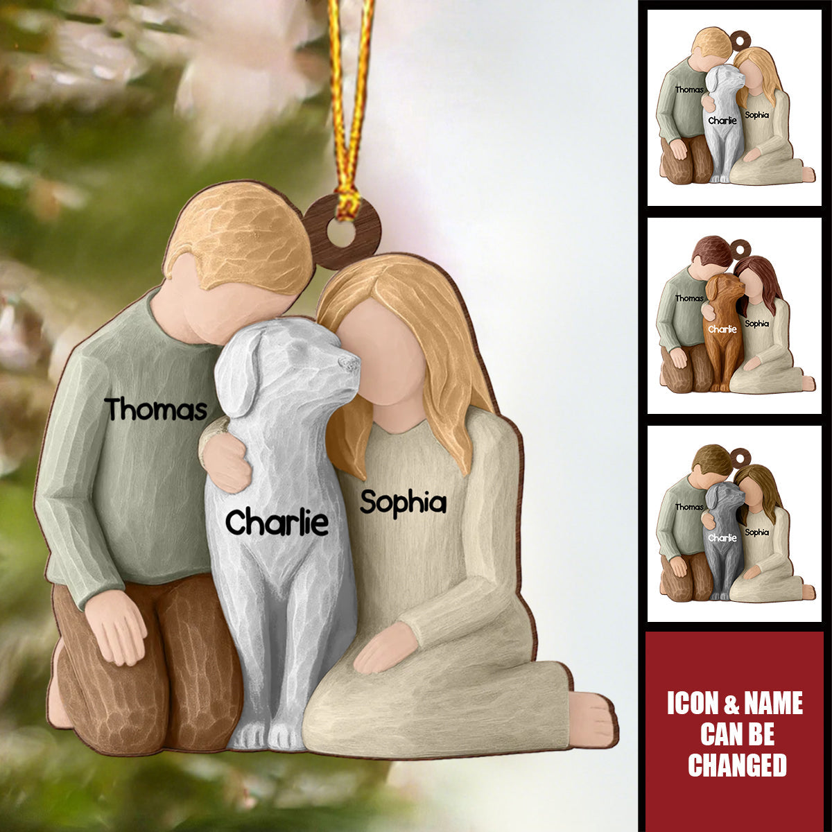 Couple And The Dogs 3D Effect - Personalized Wooden Ornament - Christmas Gift For Him, For Her