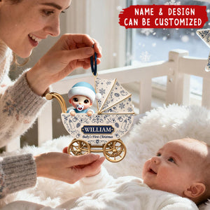 Baby Carriage Toile De Jouy - Personalized Acrylic Ornament, Baby's First Christmas Gift