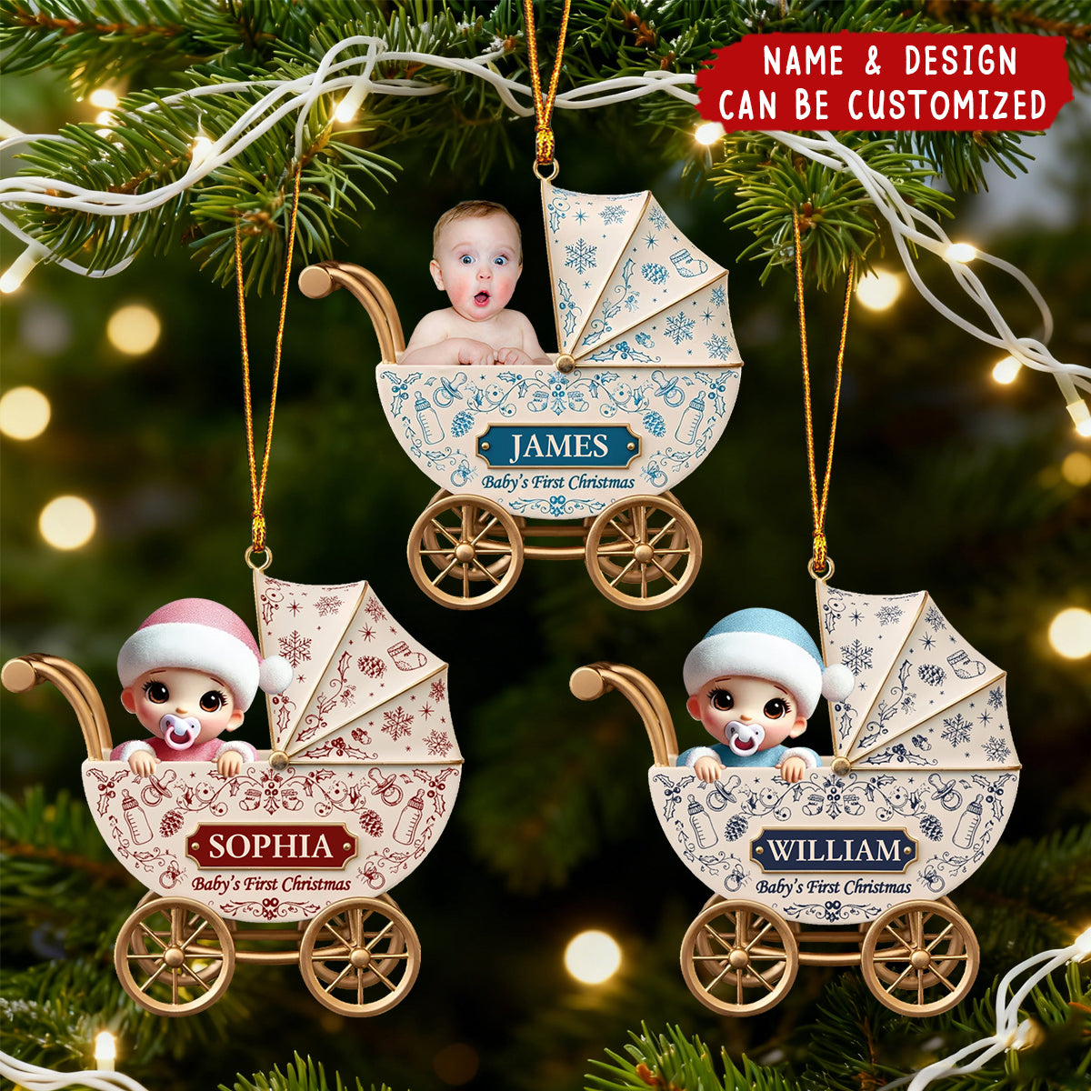 Baby Carriage Toile De Jouy - Personalized Acrylic Ornament, Baby's First Christmas Gift