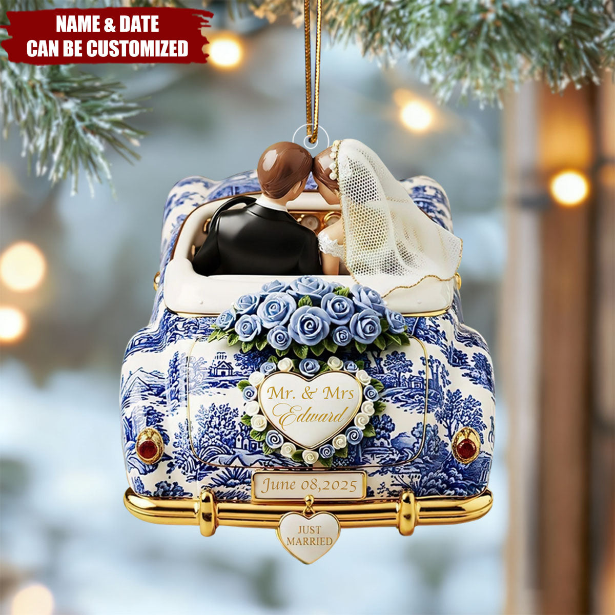 Just Married Toile de Jouy - Personalized Acrylic Ornament, Wedding Gifts For Couple