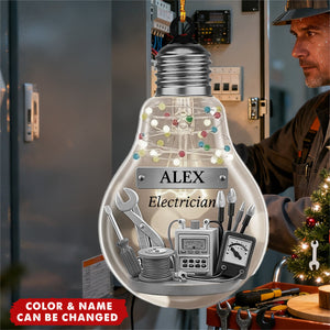 Personalized Light Bulb Ornament, Custom Name Electrician Christmas Gift, Tools Decor, Xmas Keepsake for Electrician