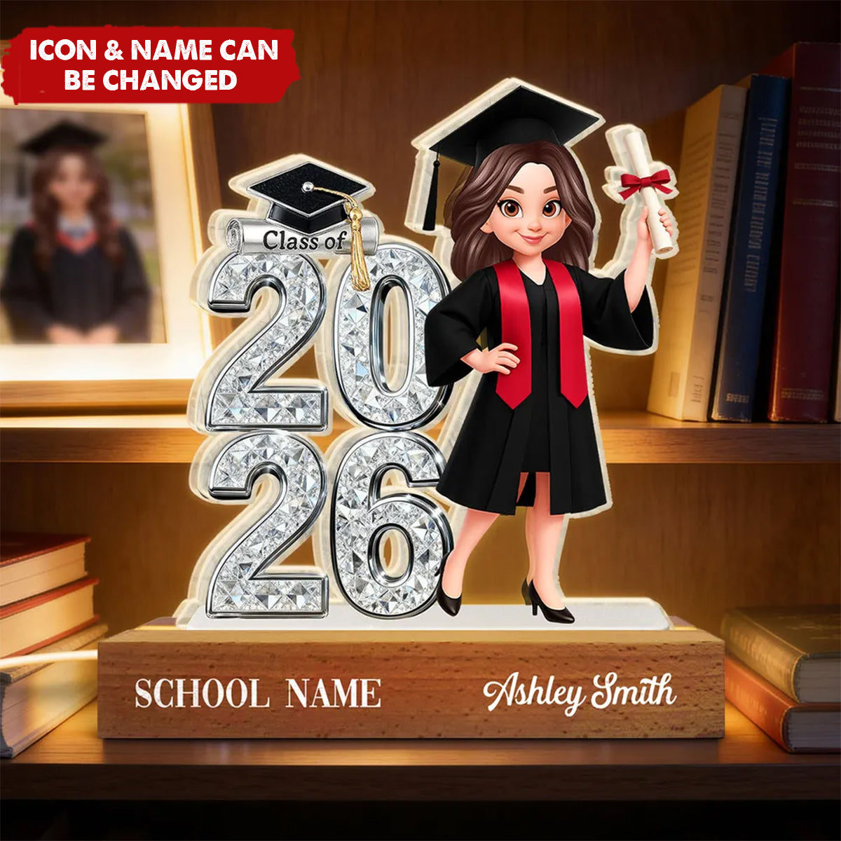 Class Of 2026 2027 Shiny Effect 2D Flat - Personalized Acrylic Block LED Night Light - Graduation Gift