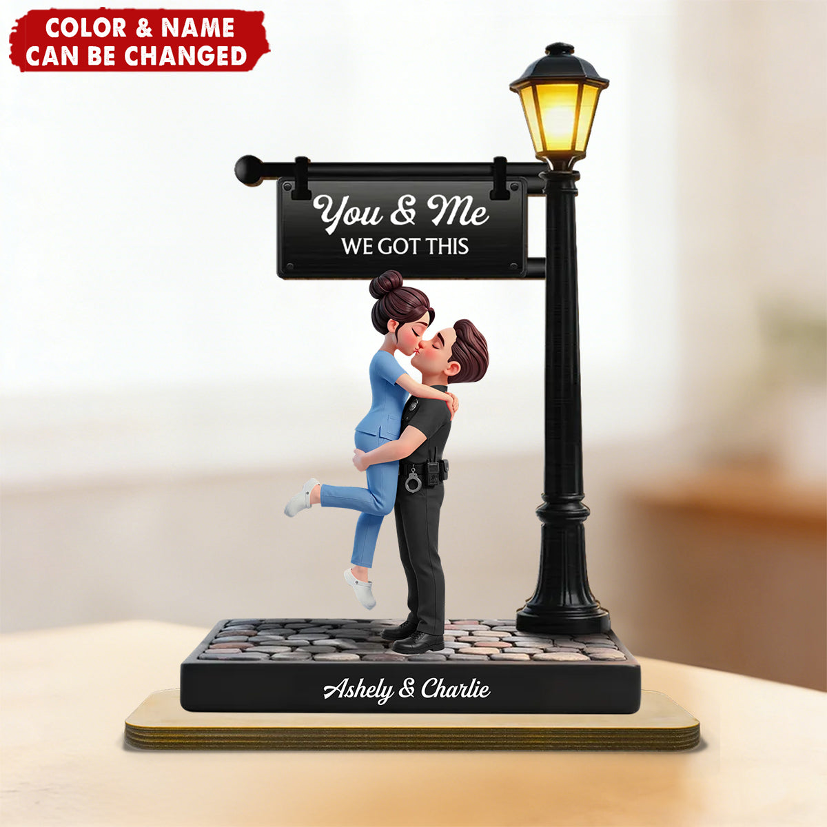 Proud Hero Couple Under Lamp Post - Personalized 2-Layered Wooden Plaque - Valentine's Day