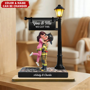 Proud Hero Couple Under Lamp Post - Personalized 2-Layered Wooden Plaque - Valentine's Day