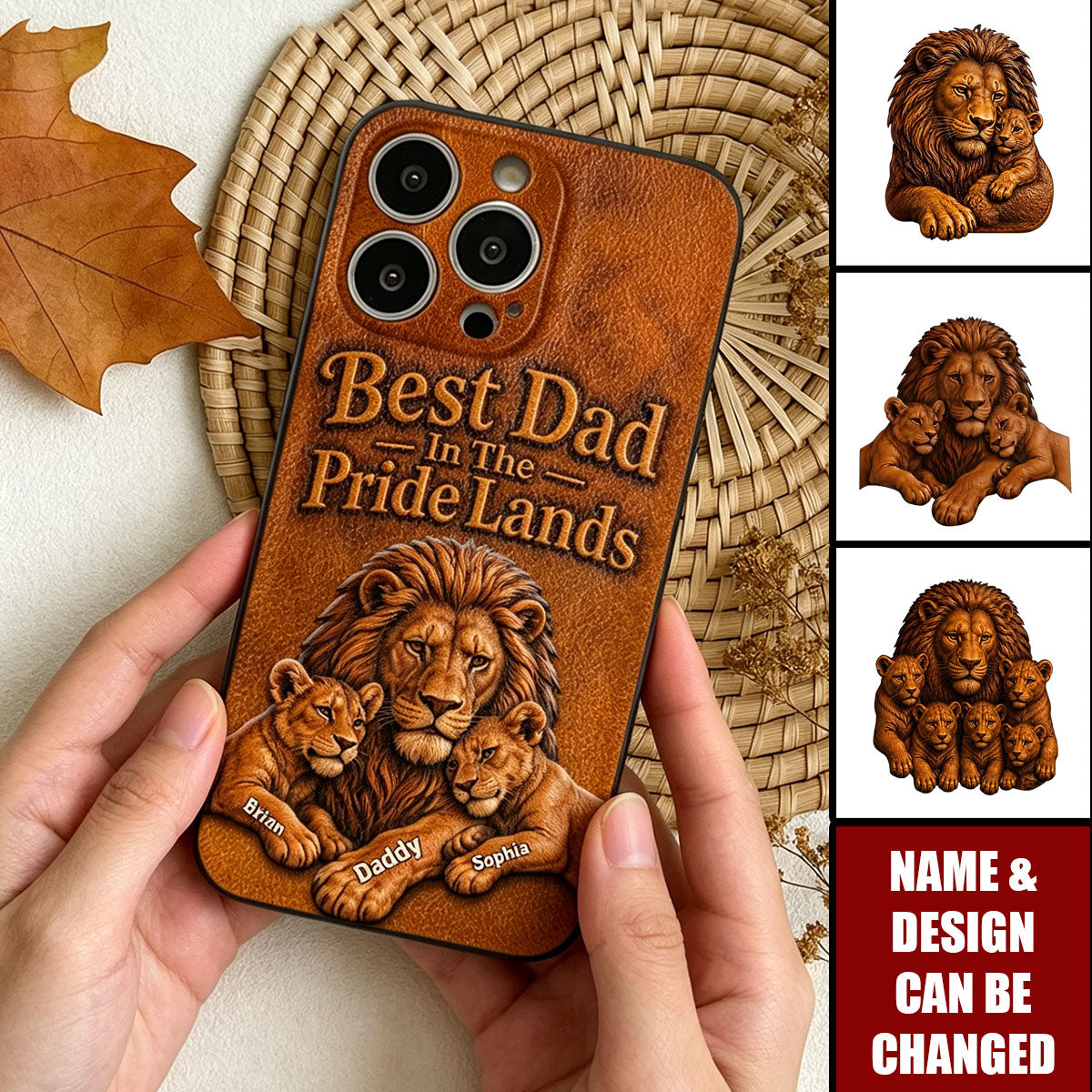 Papa Lion - Personalized Father 3D Embossed Leather Phone Case