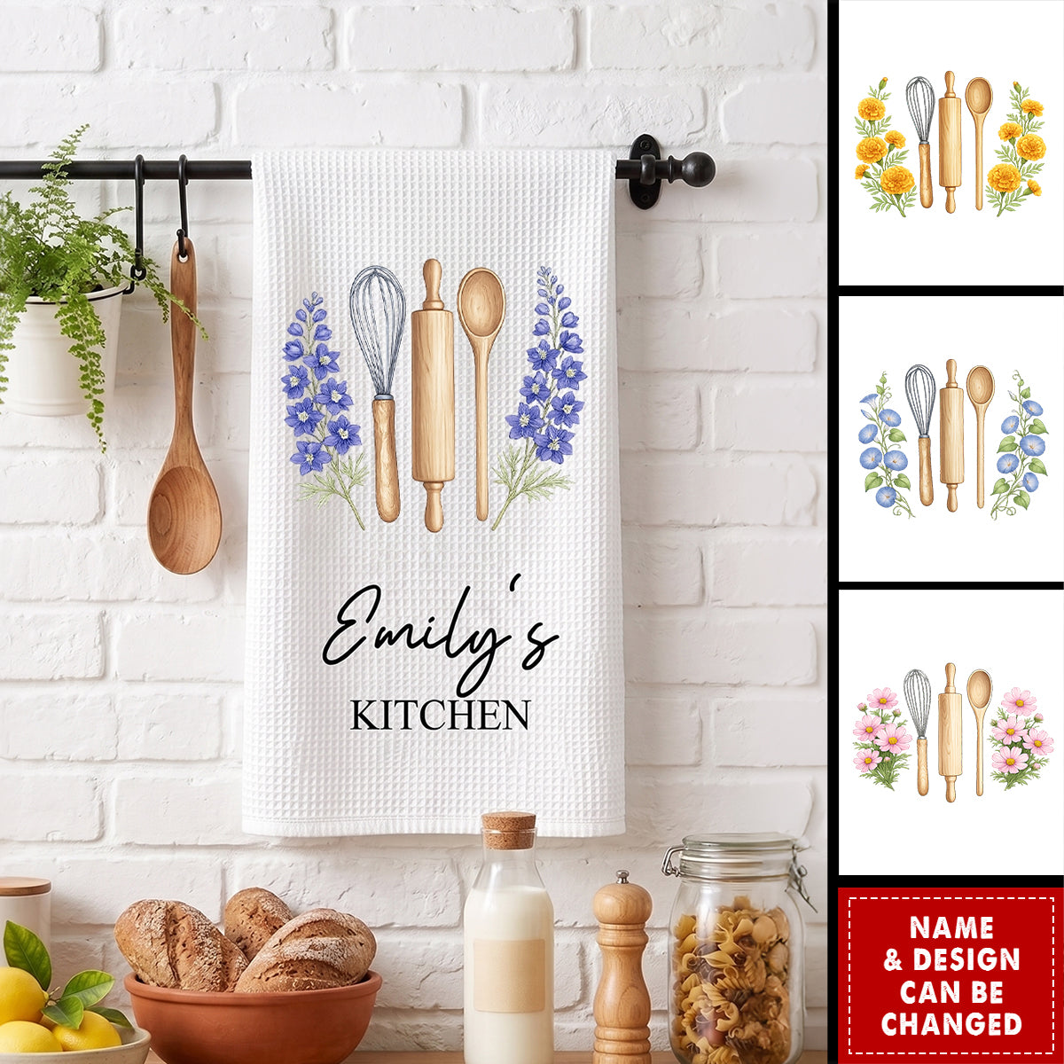 Custom Birth Month Flower With Name Gift For Her, Grandma, Mom - Personalized Kitchen Towel