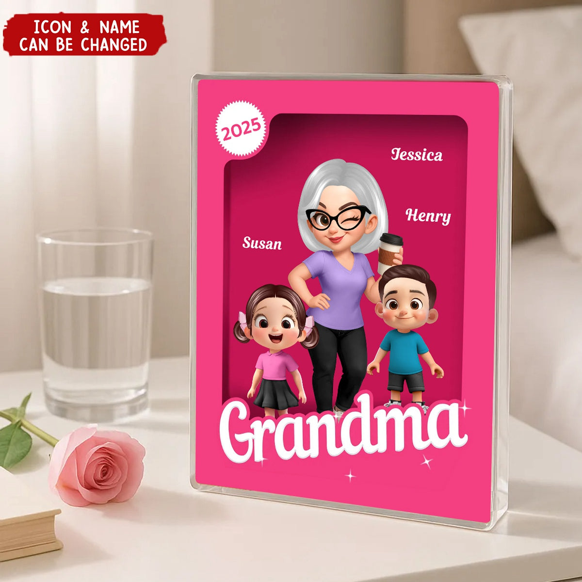 Grandma Grandkids Pink Action Figure Personalized Acrylic Block