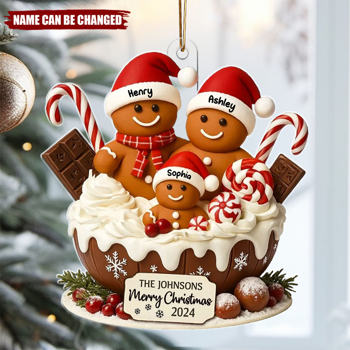 Gingerbread Family Holiday Delight Personalized Acrylic Ornament, Christmas Tree Decor, Family Ornament