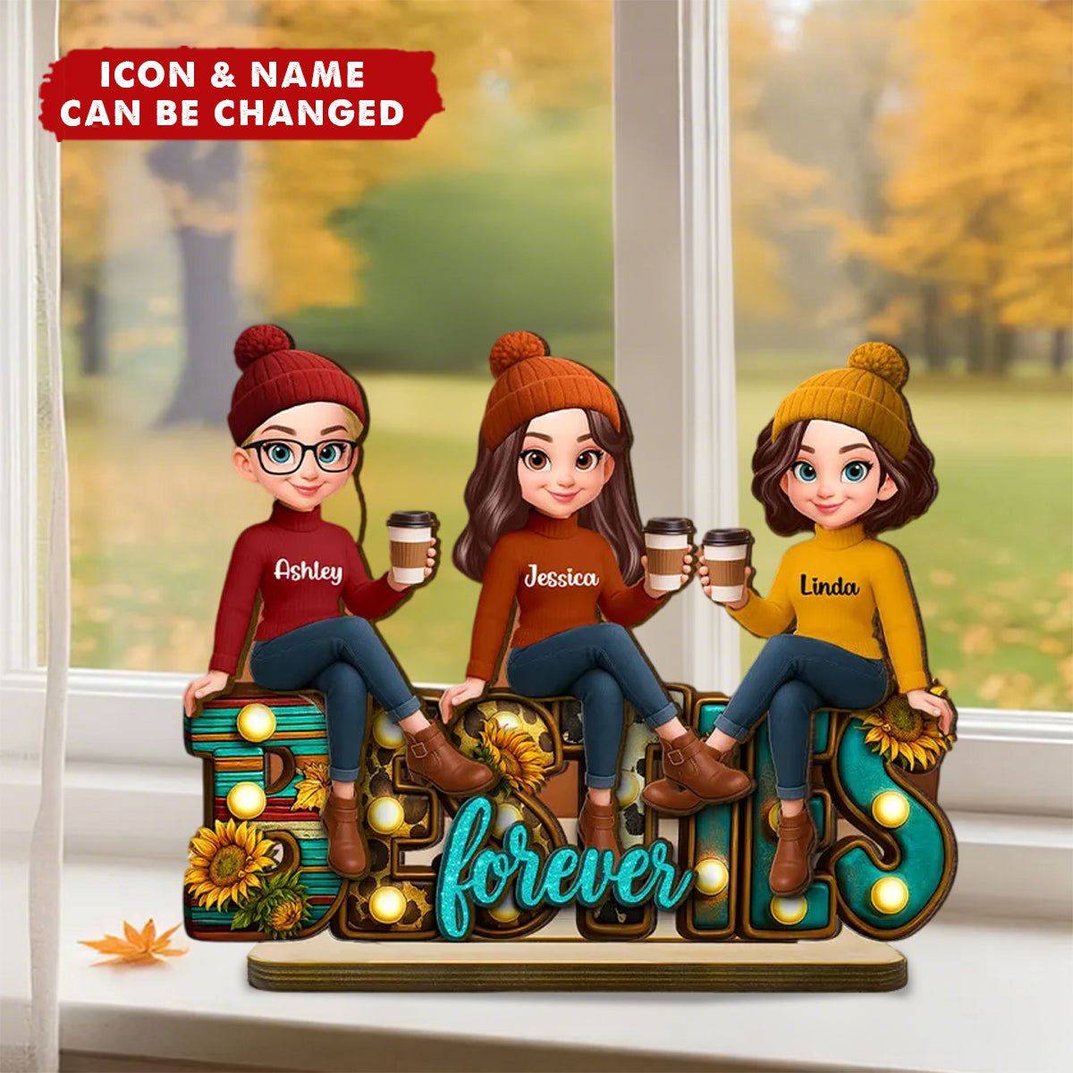 Western Fall Vibe Besties Sitting Personalized Standing Wooden Plaque, Fall Gift for Best Friends
