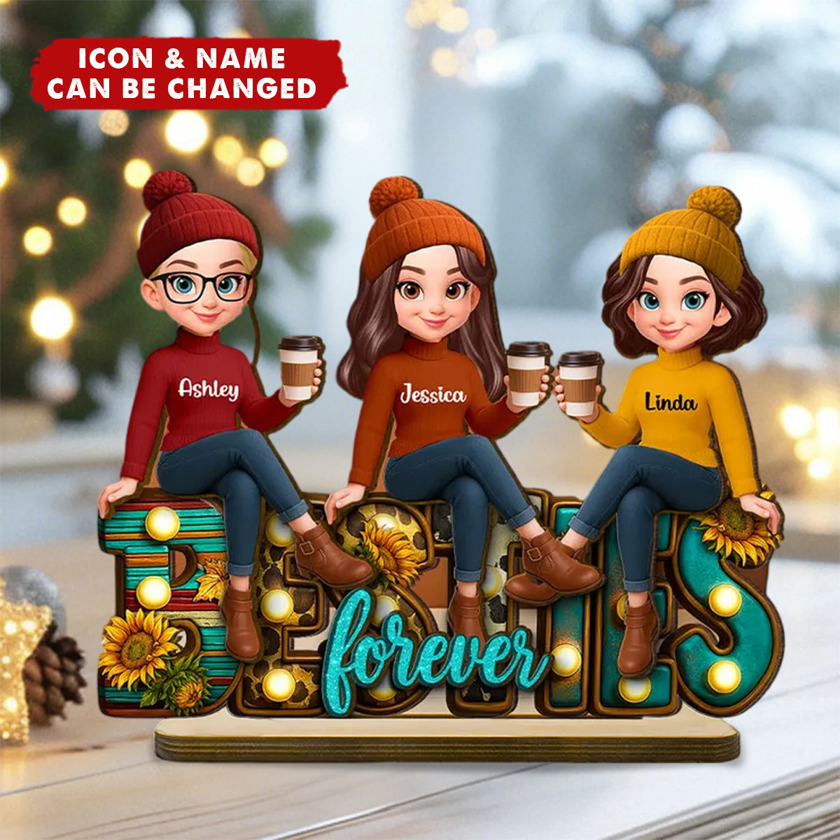 Western Fall Vibe Besties Sitting Personalized Standing Wooden Plaque, Fall Gift for Best Friends