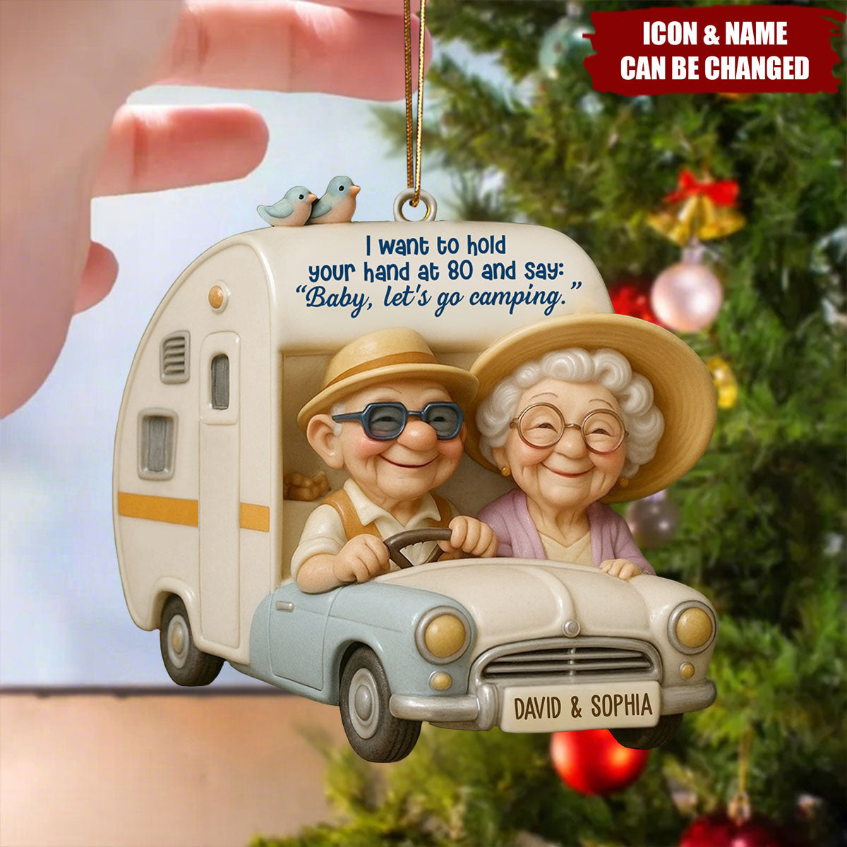 Hold Your Hand At 80, Baby Let’s Go Camping, Custom Wood Ornament, Gift For Elderly Couples