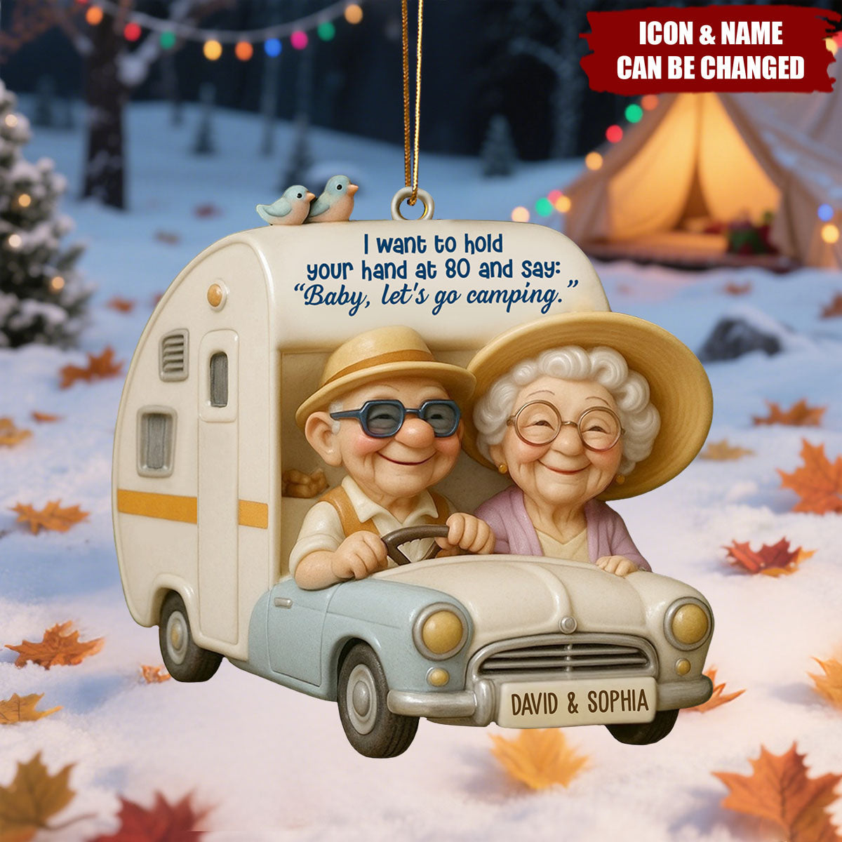 Hold Your Hand At 80, Baby Let’s Go Camping, Custom Wood Ornament, Gift For Elderly Couples