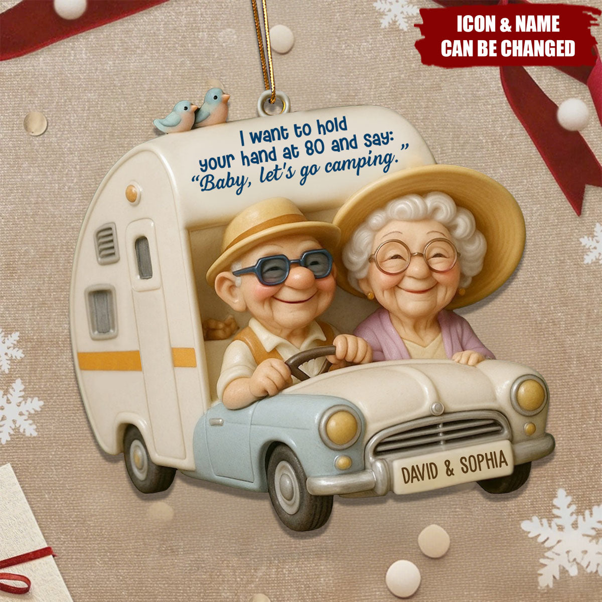 Hold Your Hand At 80, Baby Let’s Go Camping, Custom Wood Ornament, Gift For Elderly Couples