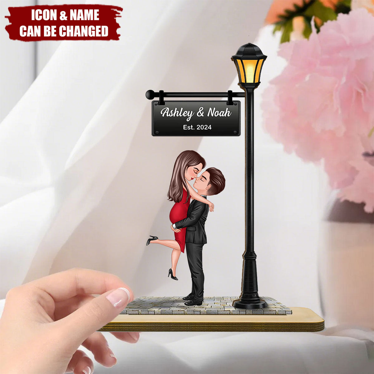 Couple Kissing Under Lamp Post Personalized 2-Layer Standing Wooden Plaque, Heartfelt Gift For Her, For Wife
