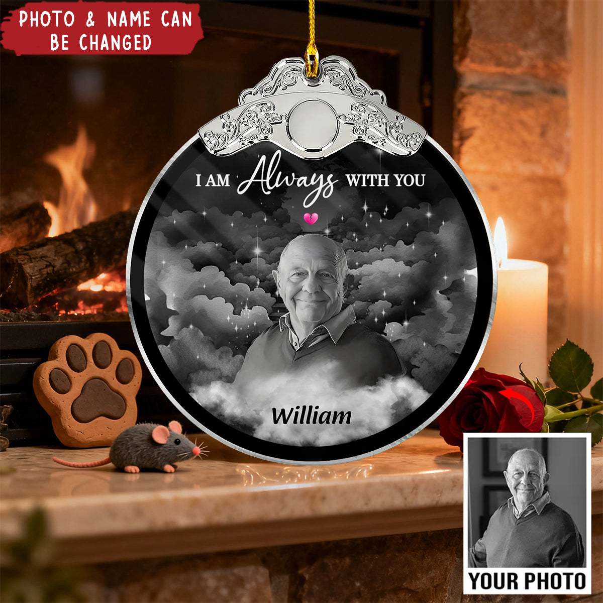I Am Always With You Memorial Photo Christmas Family Remembrance - Personalized Glass Ornament With Silver Cap