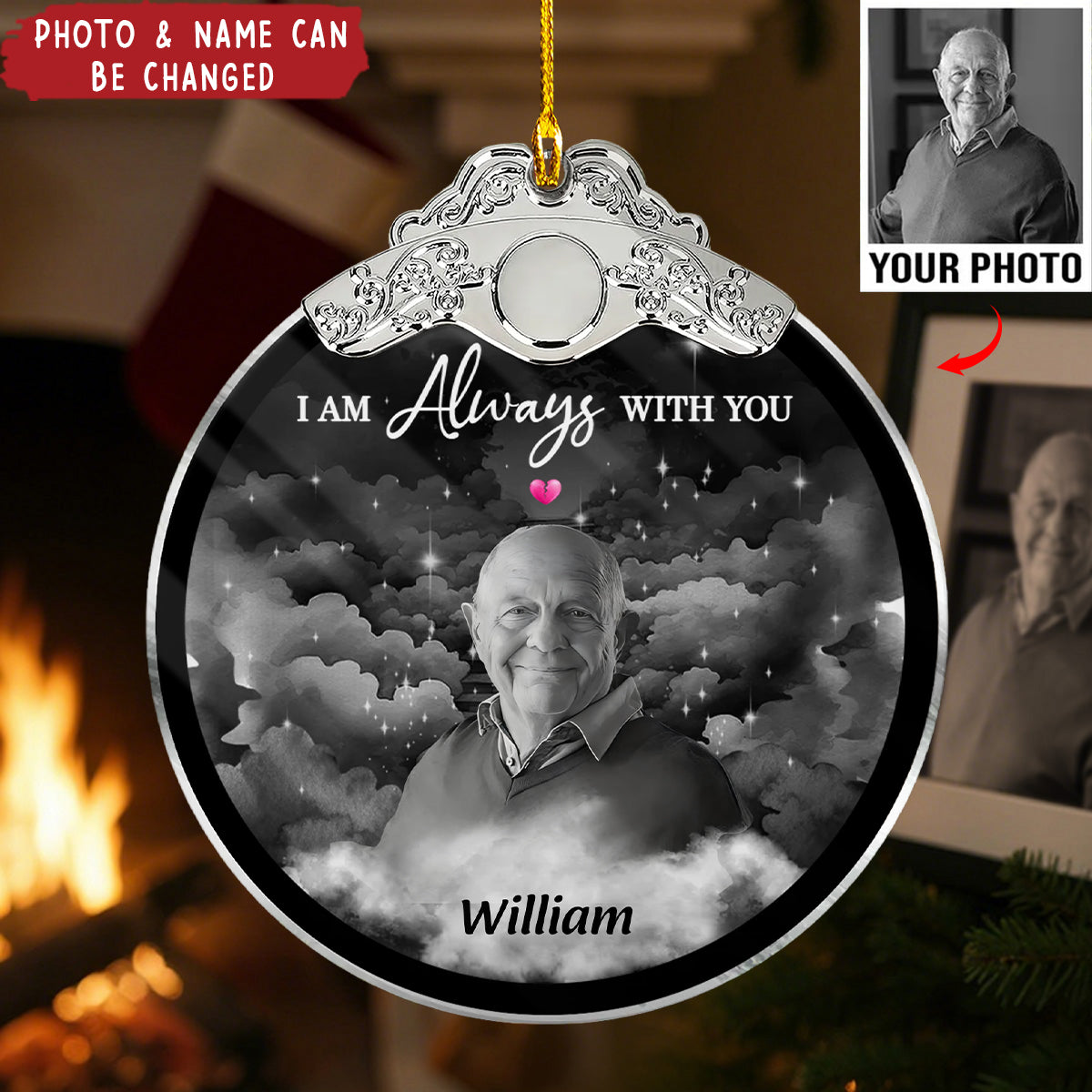 I Am Always With You Memorial Photo Christmas Family Remembrance - Personalized Glass Ornament With Silver Cap