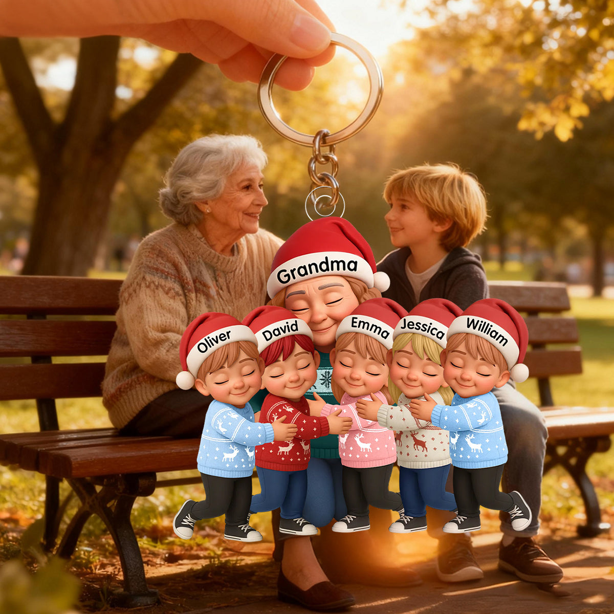 Grandma Hugging Grandkids - Personalized Acrylic Keychain