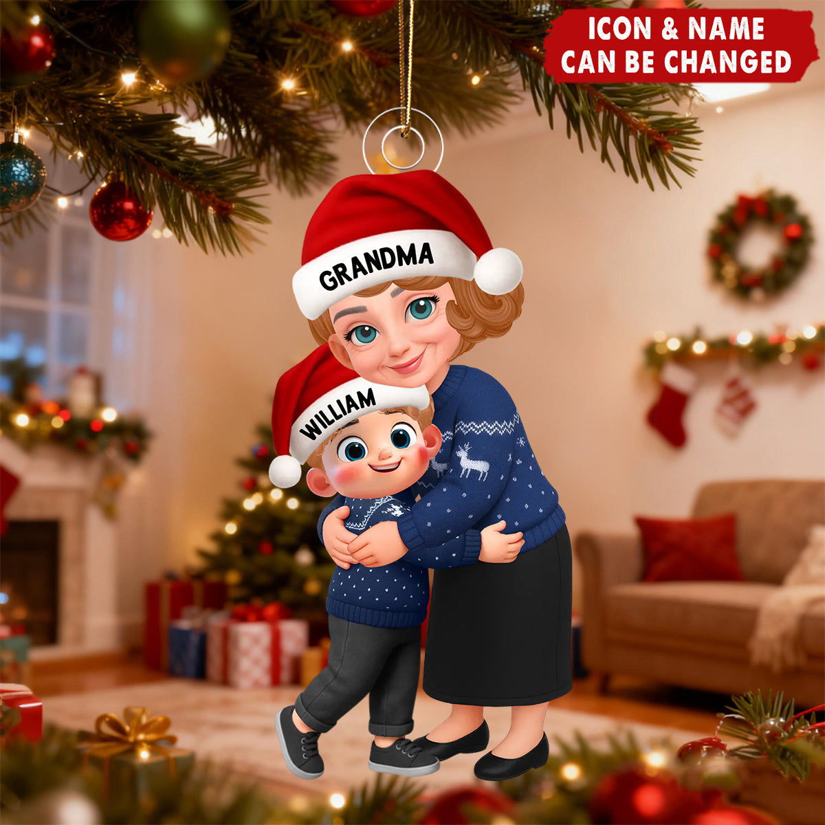 Christmas Grandma Hugging Grandkid - Personalized Acrylic Ornament